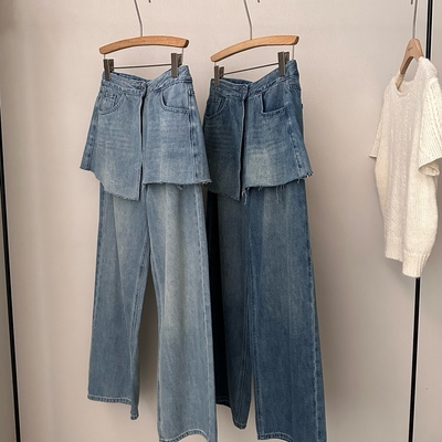 女士高腰显瘦阔腿牛仔裤两件套