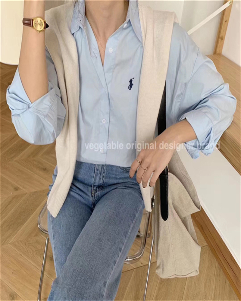 Vegetable东大门春夏新款简约风宽松条纹长袖衬衫女小马刺秀图案