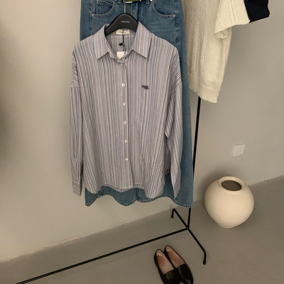 韩版条纹宽松长袖翻领衬衫女