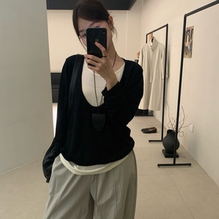 LEAVES叶子家早秋款 女宽松显瘦百搭上衣 假两件拼接u领长袖 针织衫