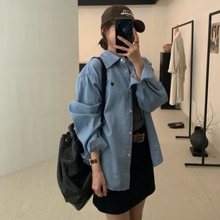 LEAVES叶子家早秋新款 女宽松休闲百搭牛仔衬衣 浅蓝色刺绣长袖 衬衫