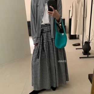 LEAVES叶子家复古格子高腰大摆A字半身裙女秋百搭显瘦休闲长裙子