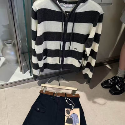 LEAVES叶子家大条纹连帽针织开衫女秋季新款宽松显瘦百搭休闲上衣