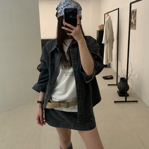 LEAVES叶子家早秋款复古做旧牛仔衬衫外套+高腰显瘦百搭半身裙女