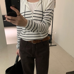 LEAVES叶子家假两件条纹连帽针织衫 上衣 女早秋款 宽松显瘦百搭长袖