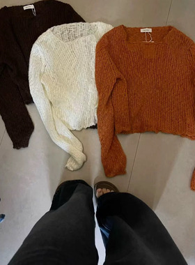 LEAVES叶子家法式慵懒风纯色镂空针织衫女秋净版长袖套头百搭上衣