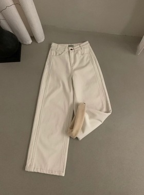 LEAVES叶子家加绒加厚白色牛仔裤女2025秋冬新款高腰显瘦直筒长裤