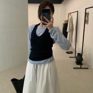 LEAVES叶子家早秋款 上衣 纯色挂脖针织两件套女装 宽松显瘦百搭长袖