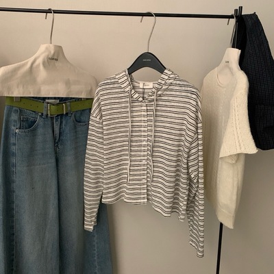 韩系条纹连帽开衫宽松百搭减龄