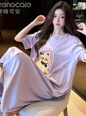 芬腾可安夏季圆领短袖女士睡衣休闲卡通甜美学生可外穿款中长睡裙