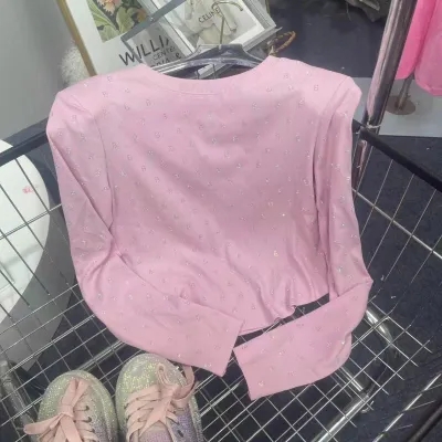 欧货专柜新款高品质重工双面烫钻洋气短款长袖T恤时尚小个子上衣