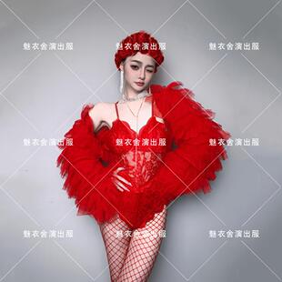元旦情人节酒吧舞台GOGO红色复古蕾丝连体性感夸张蓬蓬纱袖演出服