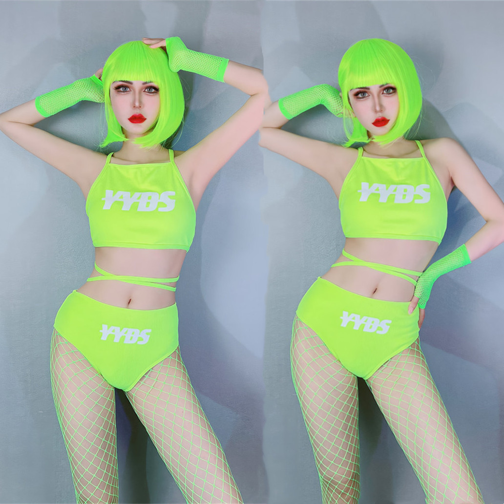 酒吧ds演出服新款荧光绿假发套装