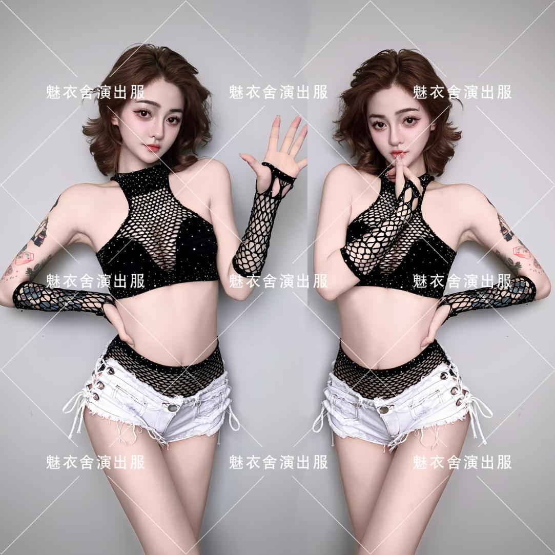 酒吧GOGO服装女领舞性感DS演出服dj舞台大气歌手黑色镂空透视套装