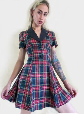 正品格子Current Mood复古短袖V领格纹收腰连衣裙