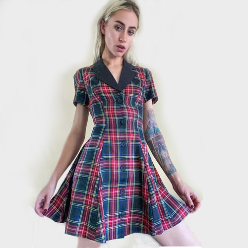 收腰连衣裙格子复古赵佳丽同款