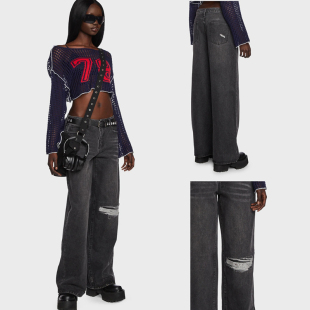 烟灰色直筒阔腿牛仔裤 momokrom正品 复古破洞美式 时尚 代购