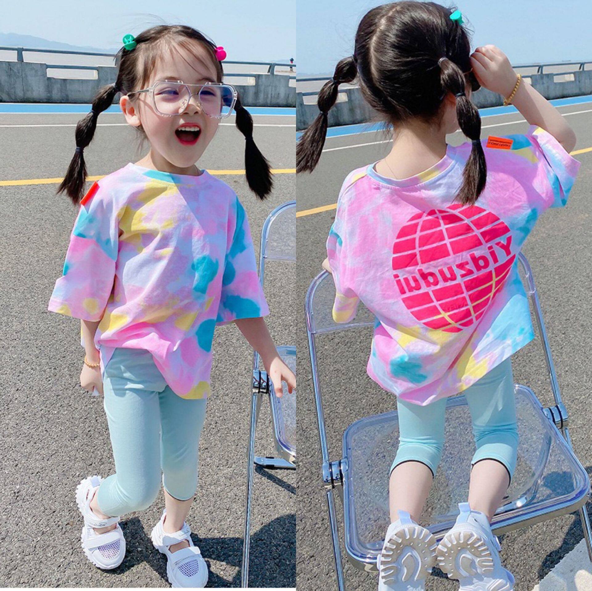 女童彩色扎染夏季时尚印花短袖