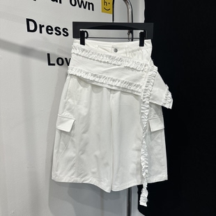 广州源头工厂2026春夏新款必入神裤白色五分裤配带腰封松弛感女