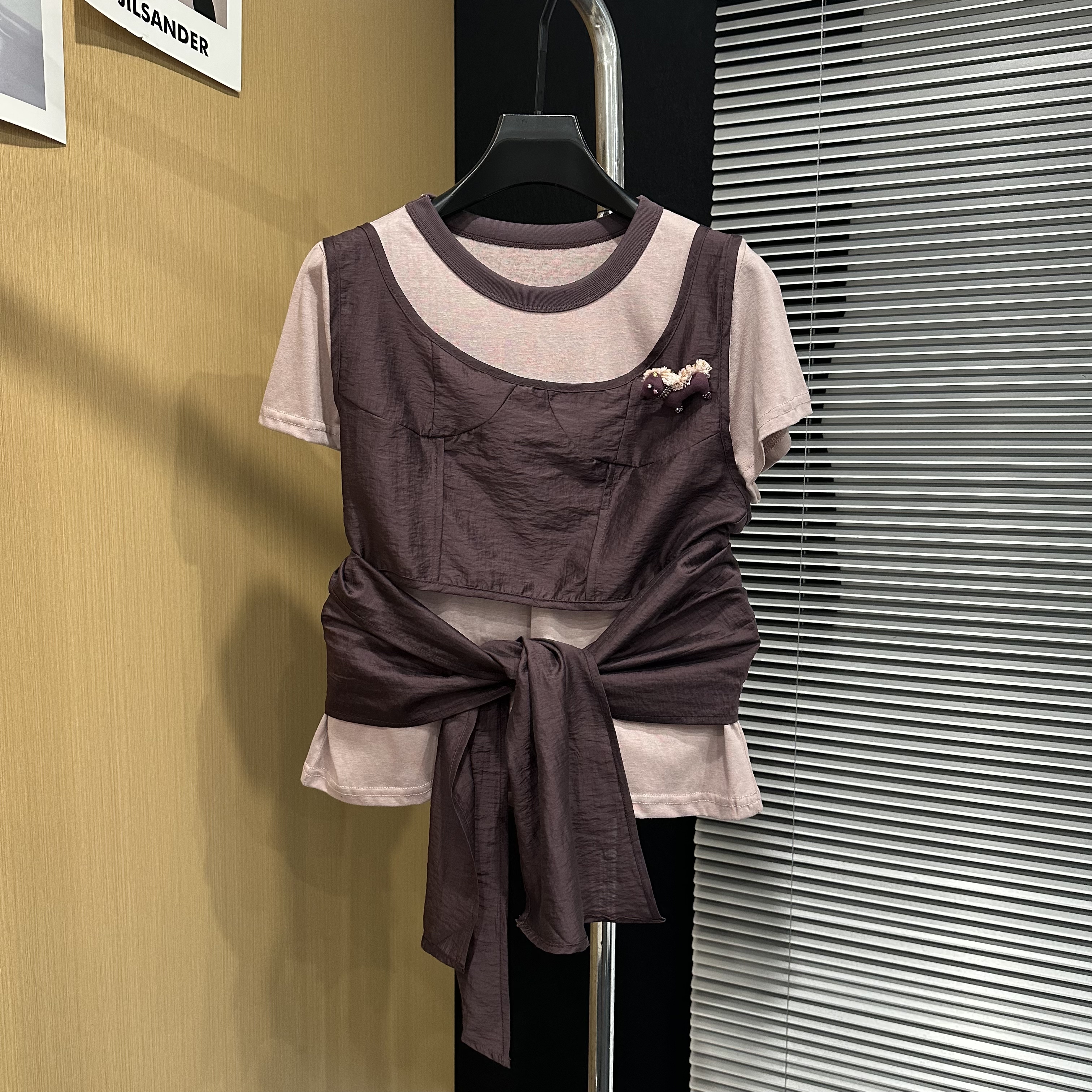 实物拍摄2026夏季新款韩版真两件套叠穿短袖T恤小众气质叠穿女