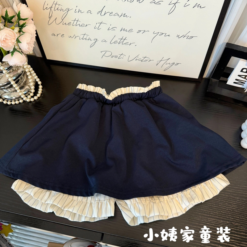 2025夏装儿童韩版洋气撞色假两件休闲百搭裙裤一体假两件