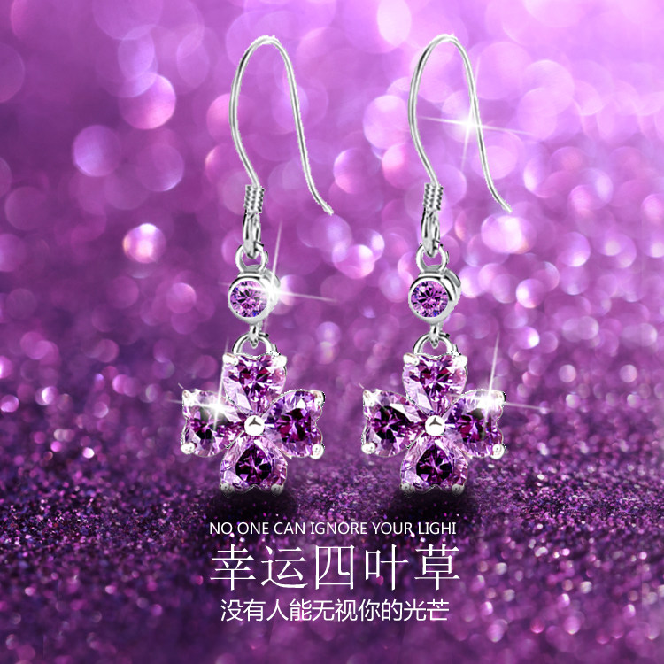 紫色水晶四叶草999纯银耳坠女2026年新款爆款高级感耳环耳钉耳饰