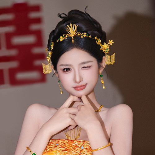传统中式新娘头饰金色凤凰秀禾服龙凤褂结婚百搭古风精致甜美发饰