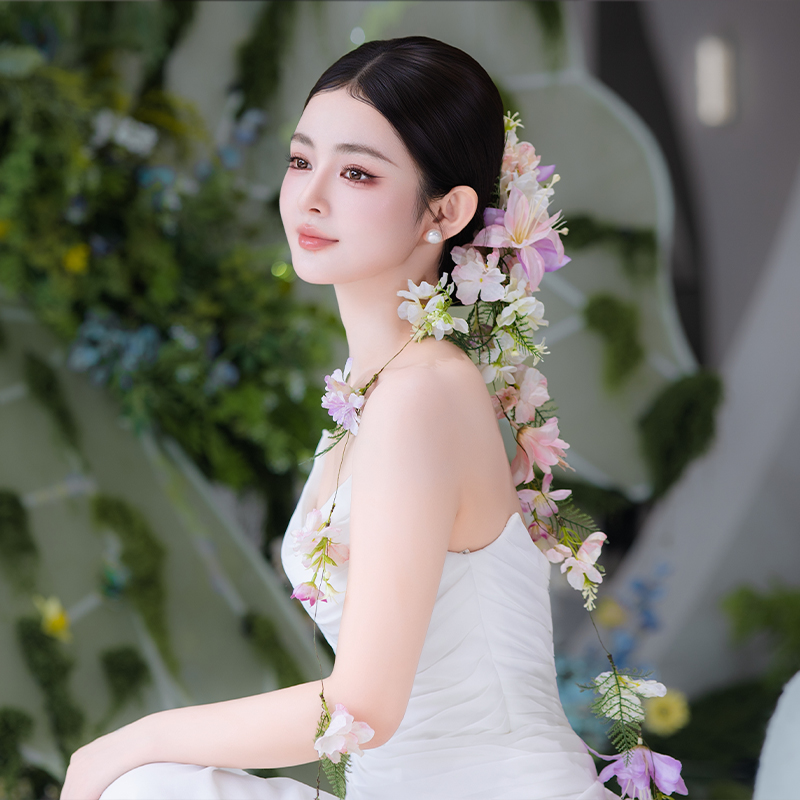 森系新娘头饰超仙美仿真手工婚礼鲜花造型礼服晨袍长款写真配饰品