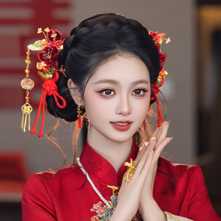 新中式新娘发饰喜庆红色绒花中国结小巧灯笼流苏喜字耳饰晨袍配饰