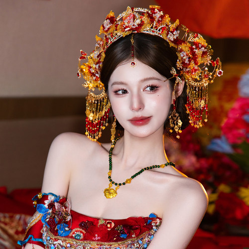 中式新娘重工国风金红色高端华丽减龄凤冠大气秀禾服龙凤褂发饰品