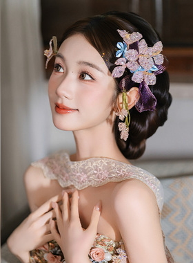 2026新娘头饰新中式减龄灵动侧边紫色系晨袍敬酒服精致花朵配饰品