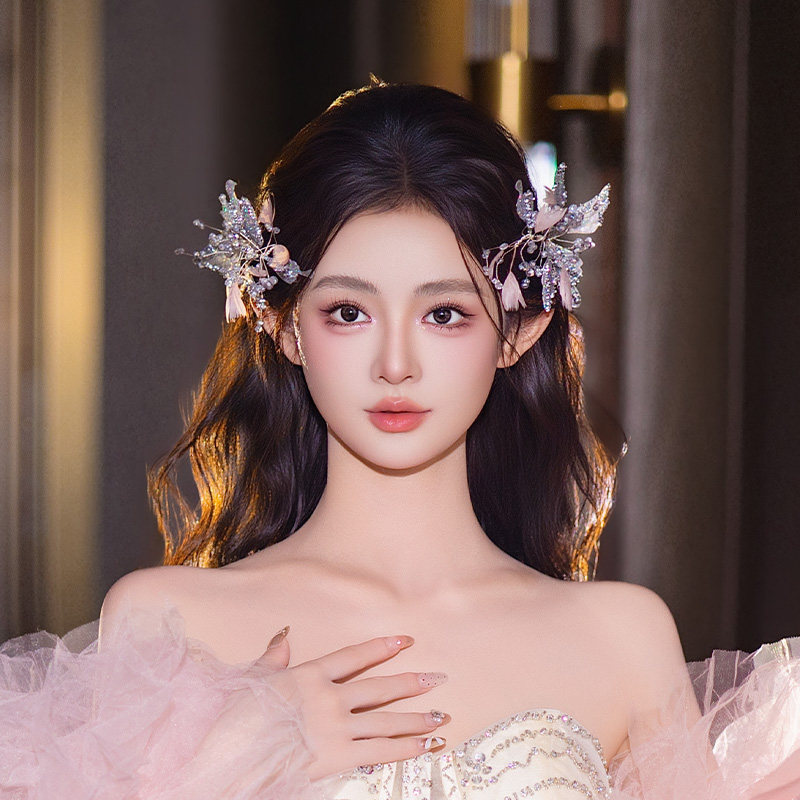 新娘头饰高级韩系精致银色手工仙气粉色羽毛礼服减龄婚纱百搭发饰