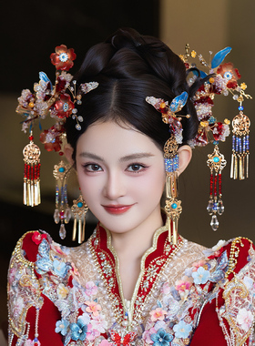 新娘国风结婚小众红蓝撞色头饰中式手工造液花婚礼秀禾服汉服配饰