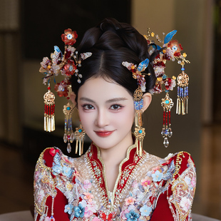 新娘国风结婚小众红蓝撞色头饰中式手工造液花婚礼秀禾服汉服配饰