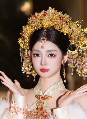 中式新娘发饰金色新款高级奢华宫廷饱满流苏华丽国风婚礼精致头饰