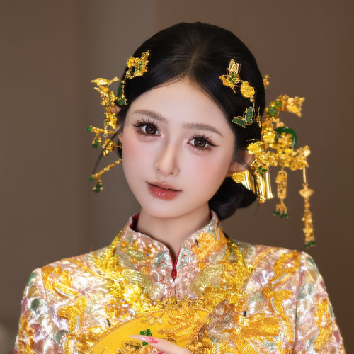 中式新款新娘头饰古风龙凤褂高级贵气感绿金配色古典婚礼盘发发饰