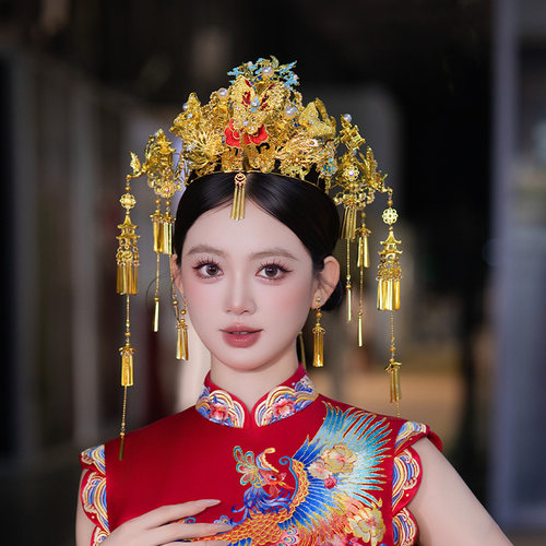 新娘头饰新款中式婚礼重工凤冠全金色花朵流苏红蓝后区龙凤褂配饰