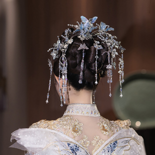 新中式银色系大后区水晶蝴蝶古装汉服头饰新娘传统婚礼宫廷发饰品