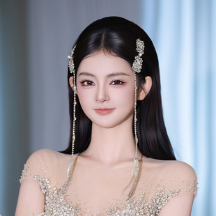 2025韩系新款新娘头饰高级感长款流苏对夹简约婚纱礼服配饰品套装