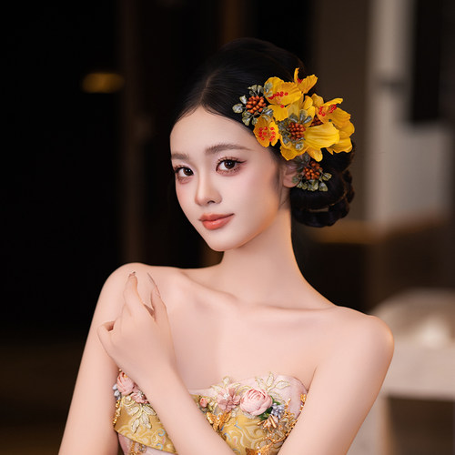 新娘手作头饰金色仿真花发饰新中式甜美千金风结婚古风旗袍发饰品