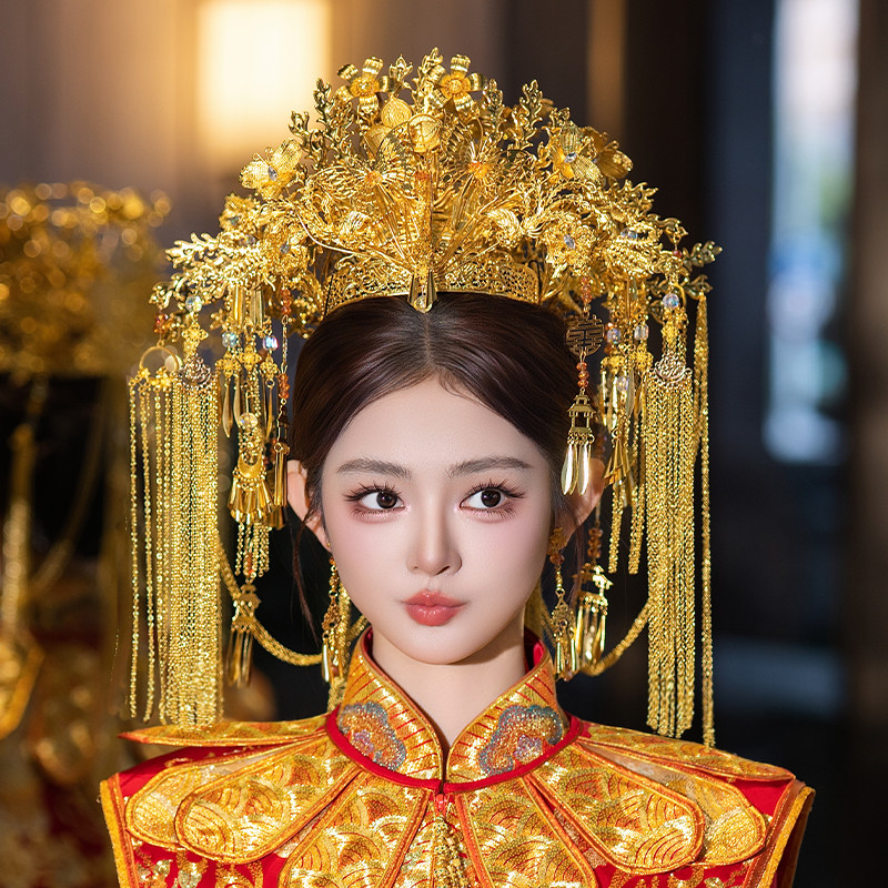 新娘发饰古风金色凤冠饱满长流苏奢华结婚龙凤褂古典婚礼花朵配饰