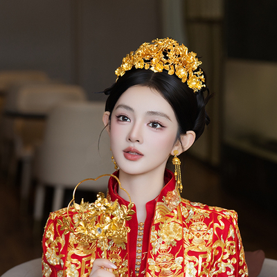 新娘金色中式发冠汉服婚礼旗袍富贵高级感造型风铃流苏百搭头饰女
