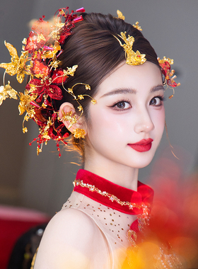 新款新娘复古头饰高级感红金撞色中式古典手工晨袍秀禾服结婚发饰