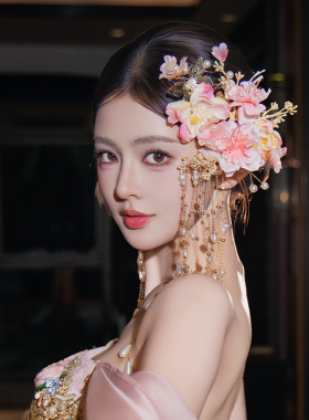 新中式新娘发饰仙气减龄粉嫩花朵长流苏甜美高级感敬酒服迎宾配饰