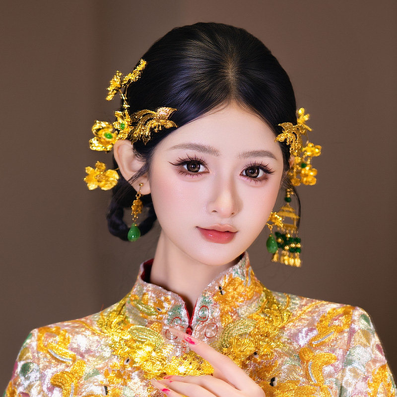 新娘头饰高级贵气感金色花朵凤凰龙凤褂侧边刘海精致古典婚礼发饰