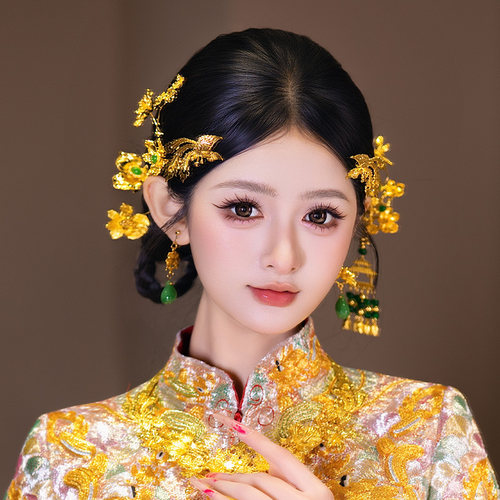 新娘头饰高级贵气感金色花朵凤凰龙凤褂侧边刘海精致古典婚礼发饰