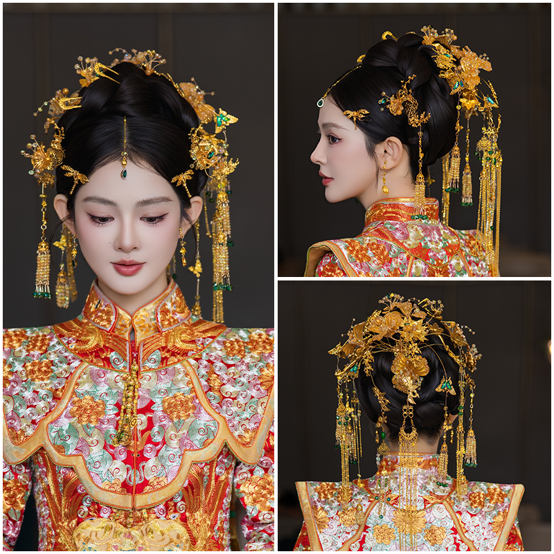 中式新娘金色发钗后区龙凤褂发饰秀禾服晨袍头饰古风结婚发饰套装