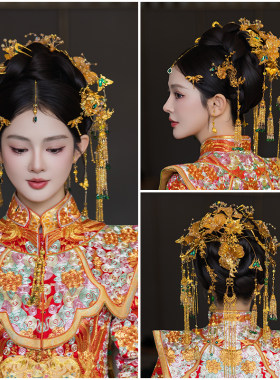 中式新娘金色发钗后区龙凤褂发饰秀禾服晨袍头饰古风结婚发饰套装
