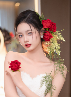 森系复古红色仿真花朵超仙新娘头饰简约高级气质旅拍礼服婚礼配饰
