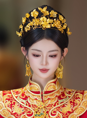全金色新娘头饰中式重工花朵发冠高级婚礼龙凤褂旗袍传统大气发饰